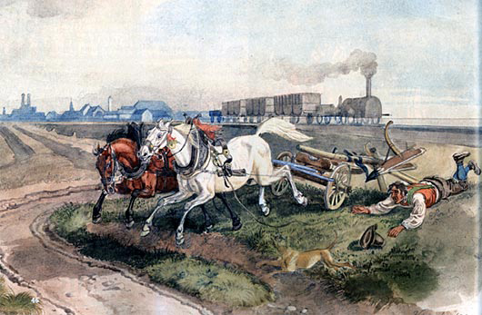 Eisenbahn und Pferdefuhrwerk