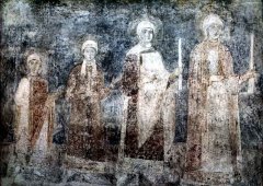 Die vier Töchter Jaroslaws des Weisen auf einem Fresko aus dem 11. Jahrhunderts in der Kiever Sophienkathedrale; Anna ist möglicherweise ganz links abgebildet. (Quelle: Wikipedia)