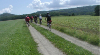 mehre Fahrradfaherinnnen von hinten die über ein Feldfahren