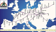 Karte mit den großen historischen Handelsstraßen Europas mit den Endpunkten Santiago de Compostela, Rom, Kilija, Kiew und Moskau.
