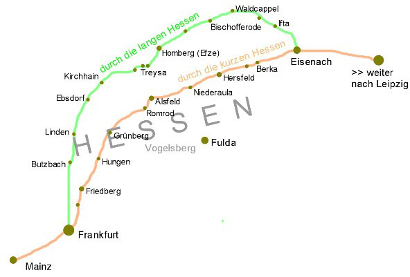 Karte mit dem Verlauf der kurzen und langen Hessen