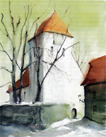 Die Kirche des Ackerbürgerstädtchens Reichenbach im Winterkleid 
