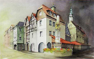 Marktplatz mit Tuchhallen in Lauban/Lubań